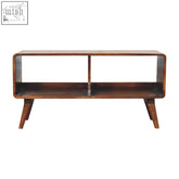 Mid-century modern wooden curved chestnut double slot console table with sleek angled legs and rich brown finish