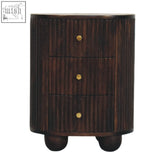 Dark wood curved fluted 3-drawer nightstand with vertical ribbed detailing and round brass knobs in velvet mocha finish