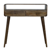 A rustic grey-wash wooden console table with two drawers tapered legs and a curved top edge