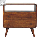 Curved nordic charm chest of drawers in chestnut solid mango wood with two drawers glass shelf and tapered legs