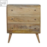 Curved oakish three-drawer chest with rounded corners tapered legs brass knobs made from mango wood reclaimed wood