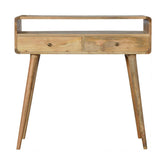 Curved oak-ish console table with natural finish, two drawers, and four scandinavian-style legs made of wood