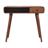 A sleek mid-century modern curved writing desk in rich brown wood with tapered legs for stylish workspaces