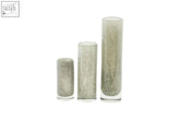 Set of three dutz collection cylinder vases mouth blown glass with frosted speckled grey finish and clear bases