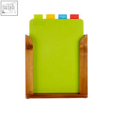 Lime green plastic folder with colorful tab dividers in wooden stand for dahra set colourful chopping boards organizer