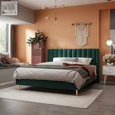 Emerald green velvet daisy king size bed with tufted headboard and gold tone legs perfect super king bed option