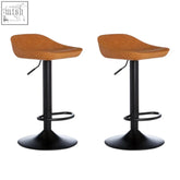 Pair of two camel bar stools with tan leather seats and black metal bases perfect for modern home bars