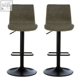 Two matching gray upholstered ash bar stools with black metal bases and footrests perfect for home bars