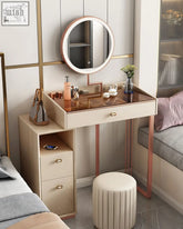 Beige damion dressing table with rose gold legs glass top integrated drawers and round mirror for stylish damion dressing