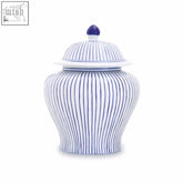 Blue and white striped damson small white ceramic jar with matching lid and purple knob is a stylish blue ceramic jar