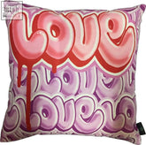 Dan Gold Loved Up cushion with vibrant purple and pink colors and bold dripping love graffiti lettering