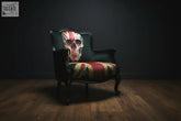 Black armchair with union skull fabric and black lacquered frame by Dan Gold perfect for edgy decor