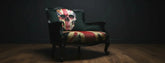 Black armchair with union skull fabric and black lacquered frame by Dan Gold perfect for edgy decor