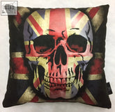 Black dan gold cushion with a distressed union jack and skull graphic perfect for edgy home decor