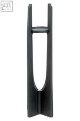 Large grey metal candle holder with u-shaped stand and circular platform for pillar candles