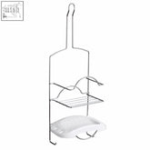 White plastic tier soap dish shower caddy with three tiers and curved metal hook for hanging