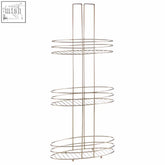 Silver metal three-tiered shower caddy with circular wire shelves for gold plated storage rack use