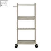 Silver metal rolling cart with brush nickel frame three perforated mesh shelves and black caster wheels for easy moving