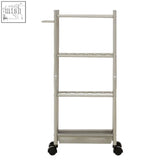 Dara 4 tier silver metal trolley with three slatted shelves and black caster wheels for easy mobility