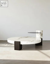 Modern darby coffee table set with white marble top and black wooden legs featuring a glass side shelf