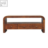 Brown solid mango wood darcy 3-drawer open shelf chestnut chest of drawers with curved top and spacious drawers