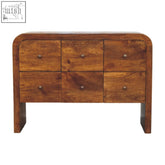 Warm-toned wooden drawer chest in chestnut finish with six drawers and curved silhouette in darcy 3 over 3 design