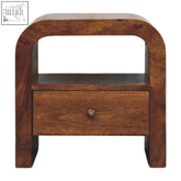 Darcy chestnut nightstand with single drawer and open shelf in sleek arched design and rich chestnut finish