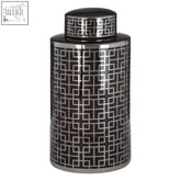 Black ceramic jar with geometric silver finish small pattern and matching lid perfect for stylish storage