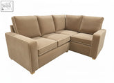 Beige upholstered darwin corner sofa with clean lines and matching cushions 95cm high l-shaped sectional
