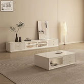 White modern davinia tv stand with glass panel and vertical slat design for davinia living room set