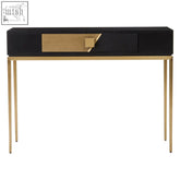 Davoli black and gold console table with 1 drawer featuring sleek black finish and geometric brass details gold console table