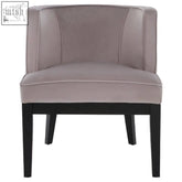 Daxton light grey velvet curved back chair with soft taupe velvet upholstery and black wooden legs