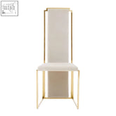 Deana tall dining chair with cream upholstery and sleek gold stainless steel frame for modern dining rooms