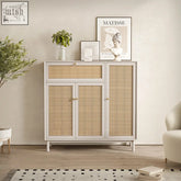 White-framed dederick rattan shoe storage with woven cane panels gold hardware and a drawer for easy organization