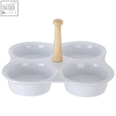 Dela 4 section white ceramic snack dish with four compartments and a light wood handle for serving snacks
