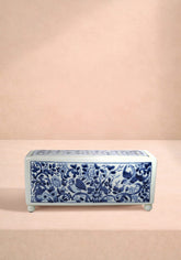 A rectangular porcelain delft tulipiere vase with blue and white floral and bird motifs and decorative lattice lid