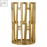 Gold-finished delphi aluminium candle holder with geometric openwork design featuring vertical bars and rectangular cutouts