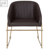 Delta brown faux leather dining chair with brown faux leather and gold metal legs in a sleek modern design