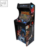 Black deluxe 24 home edition arcade cabinet with terminator theme featuring vibrant marvel vs design and alpha max screen protection