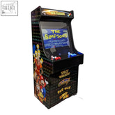 Black deluxe 27 arcade machine with vibrant 80s game graphics including simpsons pac-man and alpha max logos