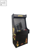 Deluxe 27 arcade machine defender theme with black cabinet and vibrant yellow red flame graphics side by alpha max