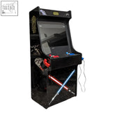 Black star wars arcade machine with red and blue lightsabers crossed base by alpha max deluxe 27 arcade machine