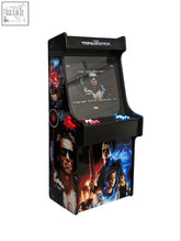 Black deluxe 27 arcade machine with terminator theme and vibrant red blue white artwork by alpha max