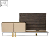 Modern demas media unit sideboard with beige and dark brown upholstered panels on gold metal legs