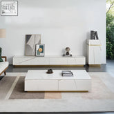 White marble-effect demelza tv stand coffee table with gold base and sintered stone drawer fronts