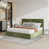 Denice king size bed with plush olive green velvet headboard and base, white bedding, and orange throw in king size bed style
