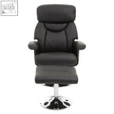 Black leather effect reclining chair with matching ottoman on chrome base perfect for relaxing at home