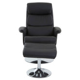 Denton black leather effect reclining chair with matching ottoman on chrome swivel base for comfort and style