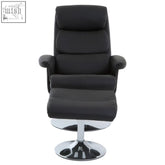 Denton black leather effect reclining chair with matching ottoman on chrome swivel base for comfort and style