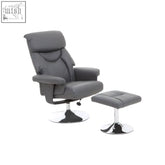 Gray leather effect denton grey leather reclining chair with stainless steel base and matching footstool ottoman